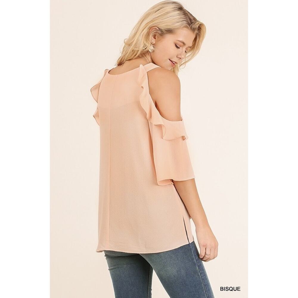 Umgee Cold Shoulder Blouse with Ruffles Bisque Size Medium